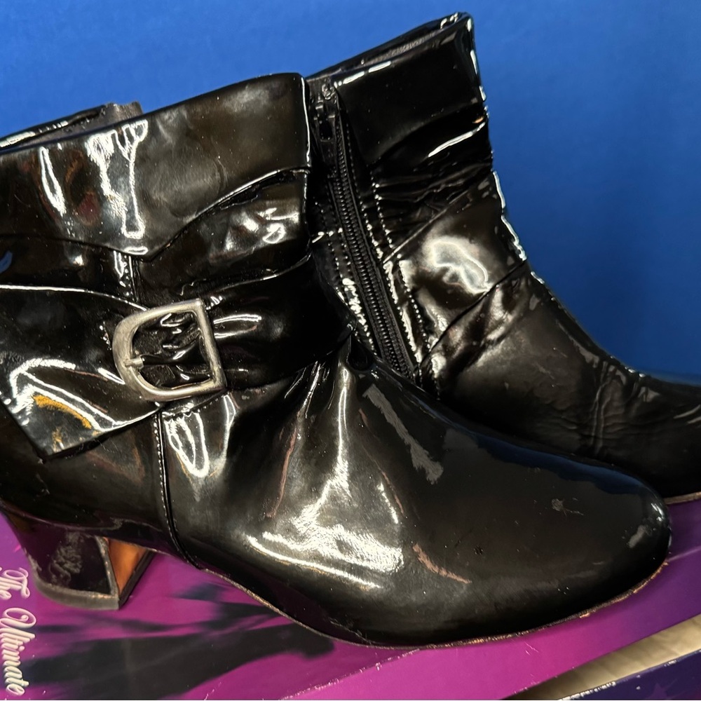 Black patent leather dance boots with leather street soles